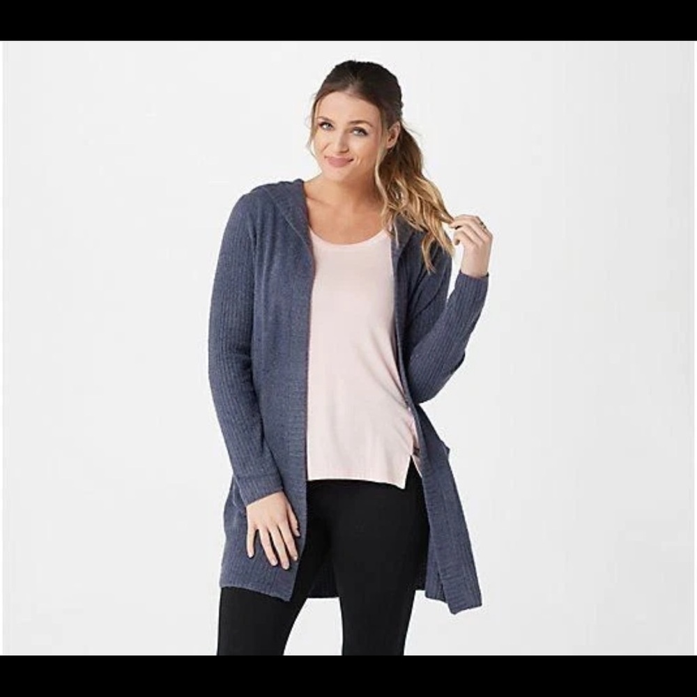 Barefoot Dreams L CozyChic Lite Hood Duster Cardigan sweater Lounge Hood Blue - Picture 5 of 5